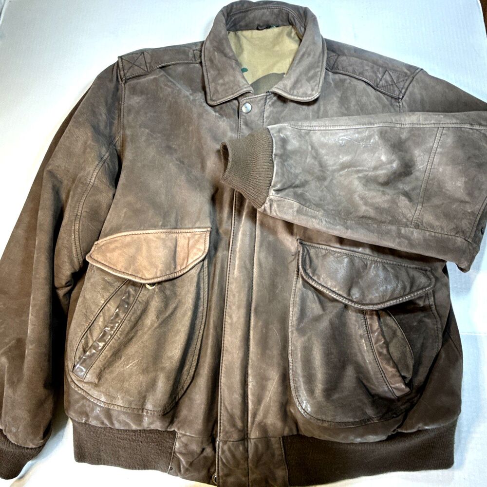 Vintage 80s Hunt Club Brown Leather Bomber Jacket Size 46 Tall Korea Top Gun